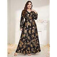 Plus Women's Dress Plus Floral Print Neck Maxi Dress (Color : Black, Size : 4X-Large)