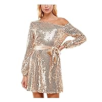 Womens Sequined Tie Long Sleeve Asymmetrical Neckline Short Party Shift Dress