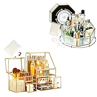 Makeup Organizer for Vanity rotating makeup organizer,luxury Tempered Glass cosmetic organizer countertop, Makeup Brush Lipstick Storage beauty organizers with free pearls.