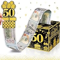 chiazllta 50th Birthday Surprise Gift Box Happy Birthday Money Box for Cash Pull Out Surprise Box Explosion for Girls Boys with Greeting Card Money Roll Gift Box for 50th Birthday Party Black Gold