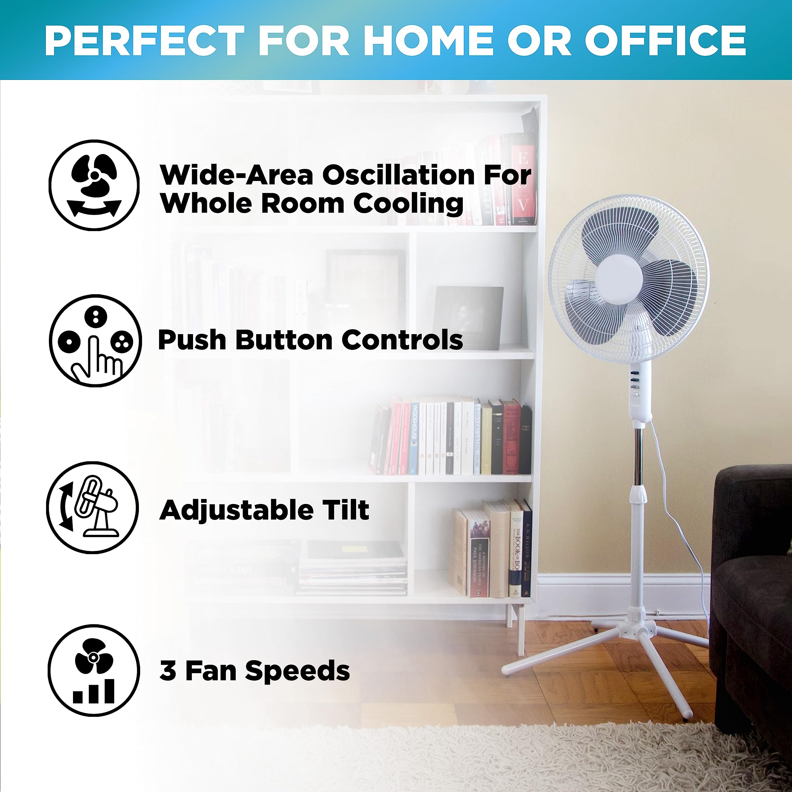 EZ-CHILL 16” Oscillating Pedestal Fan, 3-speed Options, 90-Degree Oscillating Head, Adjustable Height and Tilt, Powerful Air Flow, White, MTSP15-16AZ