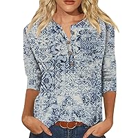 Womens Henley Neck Tops Trendy 3/4 Sleeve Botton Down Shirts Dressy Casual Loose Print T Shirts 2024 Spring Summer Blouses