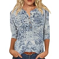 QWKLEAJ Womens Tunic Tops 3/4 Sleeve Summer Crew Neck Tshirts Flower Printing Loose Casual Blouses Fashion 2024