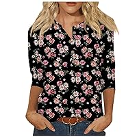 3/4 Sleeve Tops for Women Summer Button Down Henley Shirt Three Quarter Sleeve Shirts Floral Printed Tunic Blouses