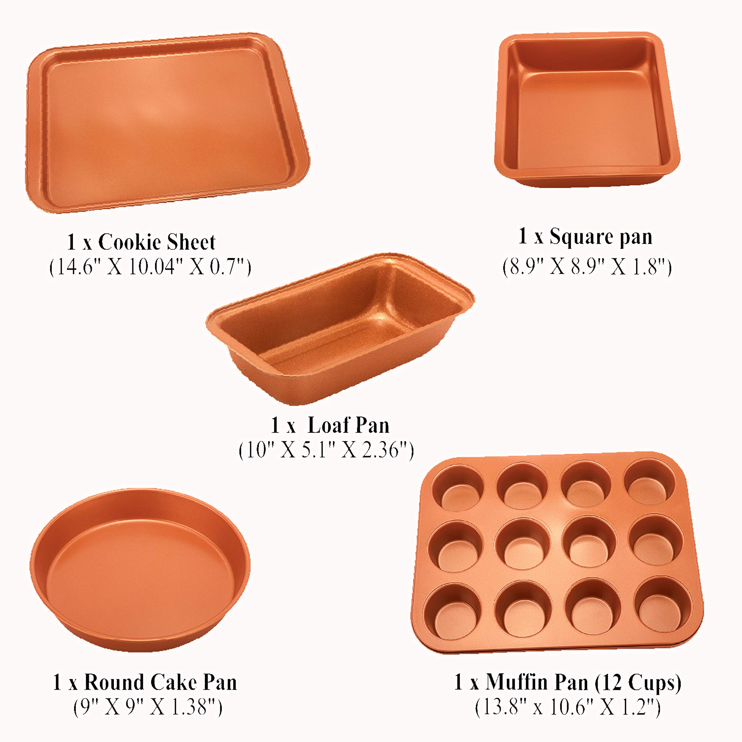CopperKitchen 5 pcs Baking Pans - Organic Eco Friendly Nonstick Coating - Premium Quality - Muffin Pan, Loaf Pan, Square Pan, Cookie Sheet, Round Pan - Bakeware Set