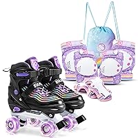 SULIFEEL Adjustable Roller Skates for Girls with Rainbow Unicorn Knee Pads Black Purple