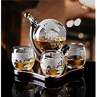 Attractive Home Bar Décor 5pc Whiskey/Wine Globe Decanter Set, World Etched Bottle with 4 Premium Glass Cups on Attractive Mahogany Wood Stand. - THE PERFECT PRESENT -