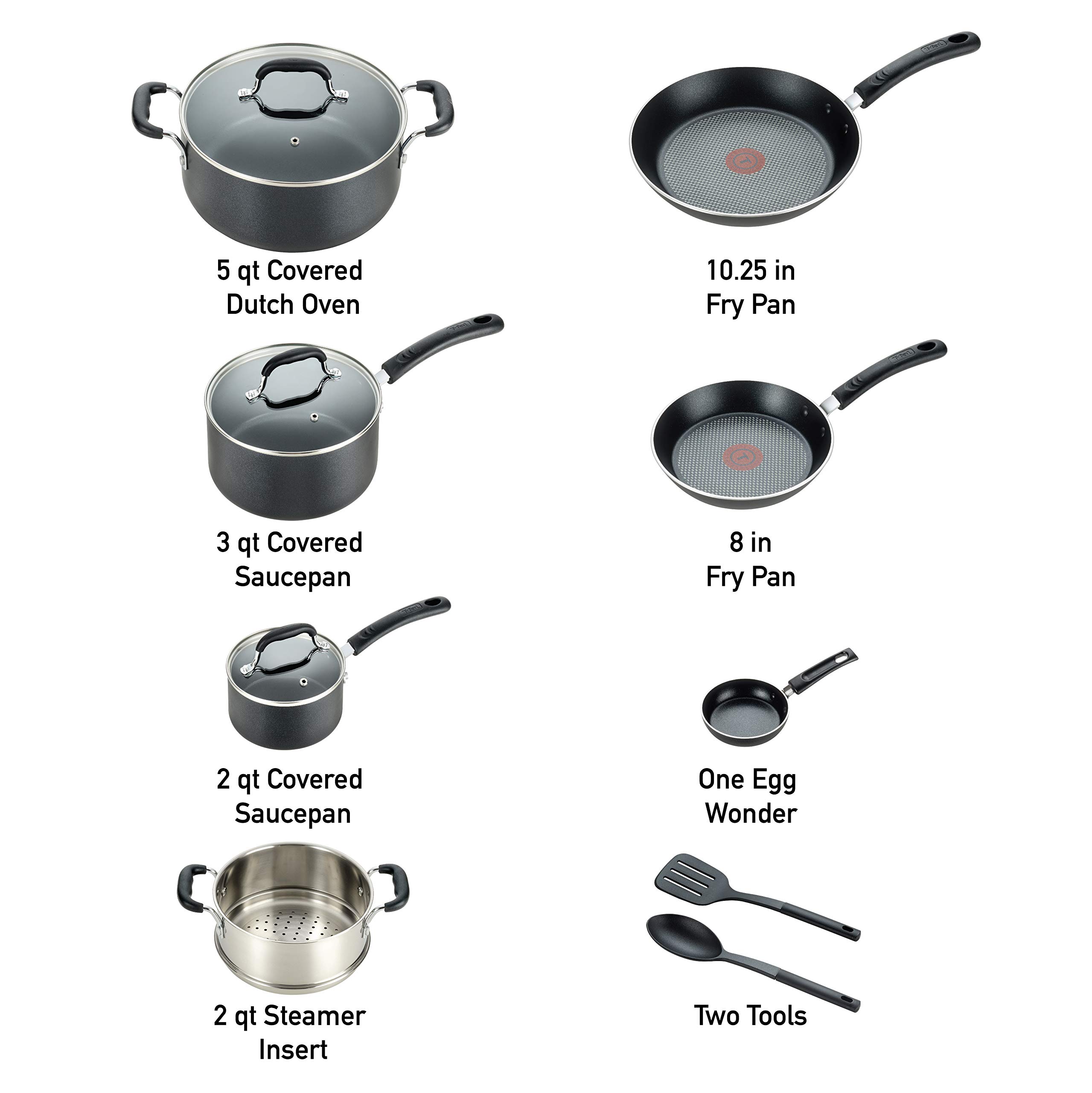 T-fal Experience Nonstick Cookware Set 12 Piece Induction Pots and Pans, Dishwasher Safe Black