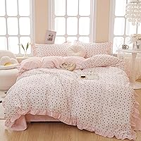 Ruffle Duvet Cover Queen with Cute Red Flower Printed Reversible Pink Striped Lace Comforter Cover with Zipper Cotton Princess Bedding Set for Teen Girls