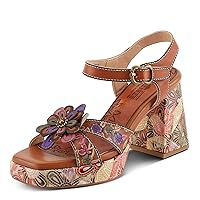 Spring Step L'Artiste Women's REFLECTIVE Platform Heeled Sandals - Chunky Heel, Hand-Painted Flower Detail, Padded Insole