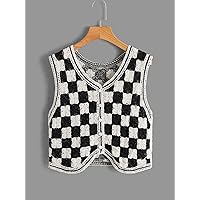 Women's Sweater Undershirt Checkered Pattern Asymmetrical Hem Button Up Sweater Vest (Color : Black and White, Size : Medium)