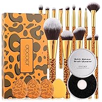Docolor Makeup Brushes Leopard 14 Pieces with 4pcs Finger Puff + Makeup Brush Cleaner Sponge
