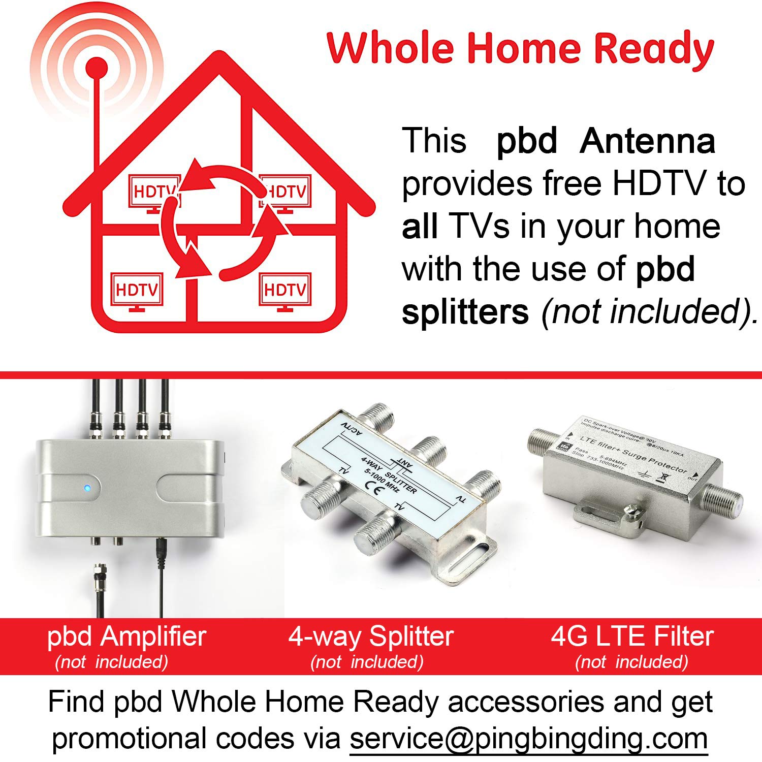 PBD Outdoor Digital HDTV Antenna with High Gain and Low Noise Amplifier, 40FT RG6 Coaxial Cable, 2 Way Splitter, 150 Miles Range, UHF and VHF, Easy Installation - Upgraded Version