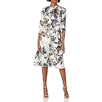 Maggy London Women's Winter Rose Print Ruffle Neck 3/4 Sleeve Fit and Flare Dress