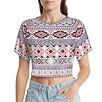 Mexican USA Indian Pattern Women's Summer Crop Tops Short Sleeve Round Neck T-Shirts Casual Blouse Yoga Shirts