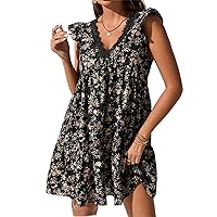 Women Dresses Ditsy Floral Contrast Guipure Lace Ruffle Sleeve Smock Dress