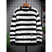 Sweaters for Men- Men Stripe Pattern Ripped Sweater (Color : Black and White, Size : X-Large)
