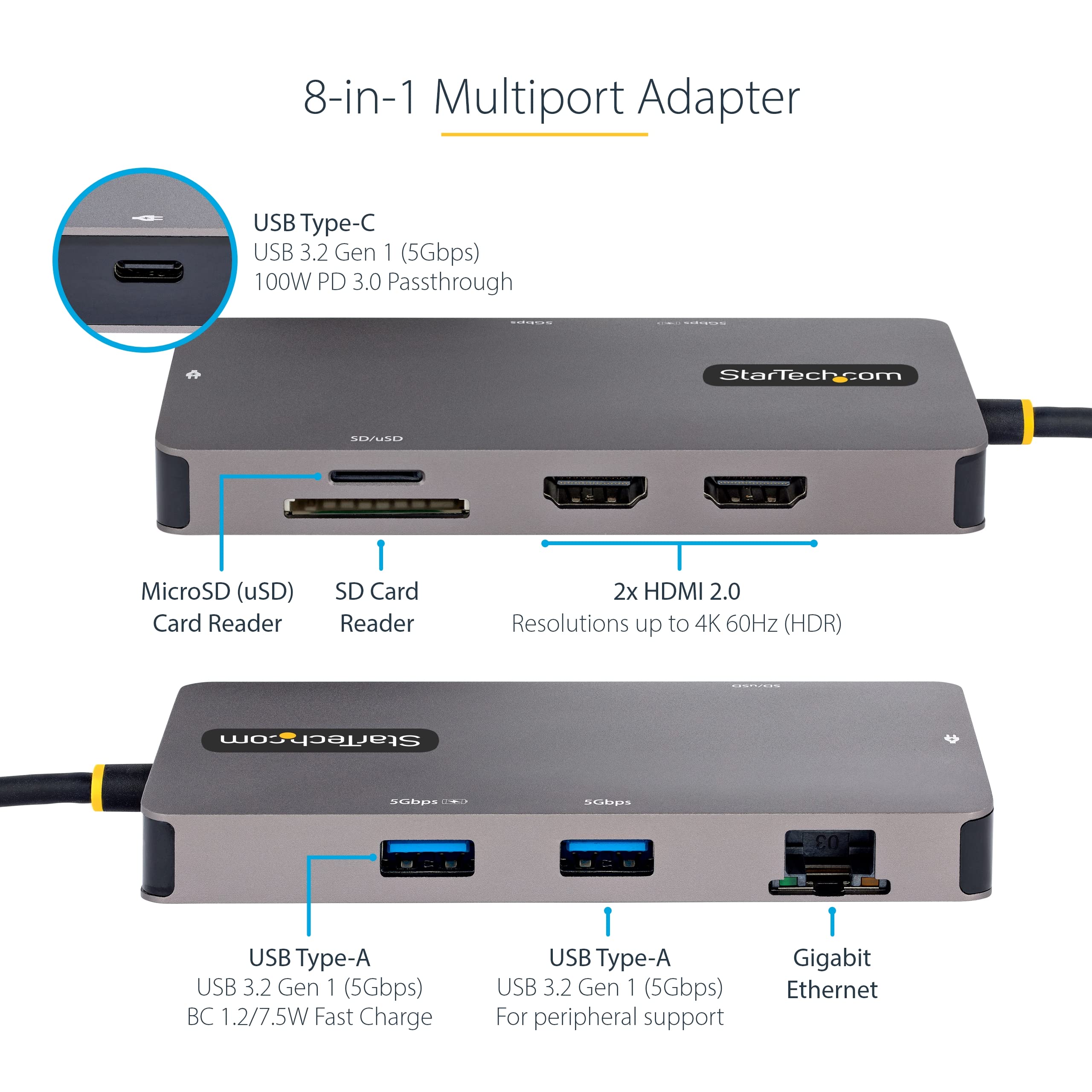 StarTech.com USB C Multiport Adapter, Dual HDMI Video, 4K 60Hz, 2Pt 5Gbps USB-A Hub, 100W PD Passthrough/GbE/SD, 12