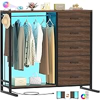 Cyclysio Dresser for Bedroom with Clothes Rack, 5 Drawers Dresser with Charging Station & LED Lights, Tall Storage Chest of Drawers, Wooden Top, Bedroom, Closet, Red Oak
