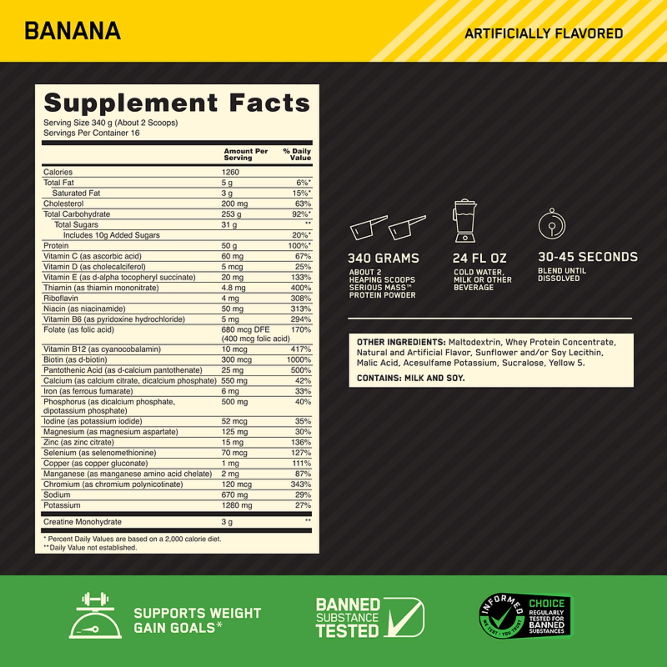 Optimum Nutrition Serious Mass Weight Gainer Protein Powder, Vitamin C, Zinc and Vitamin D for Immune Support, Banana, 12 Pound (Packaging May Vary)