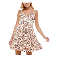 Womens Ivory Smocked Lined Pullover Floral Spaghetti Strap V Neck Short Fit + Flare Dress Juniors XL