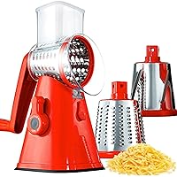 Rotary Cheese Grater with Handle, Cheese Grater Hand Crank, Fast Cutting Grater for Kitchen with 3 Interchangeable Blades, Vegetable Slicer, Cheese Shredder with Suction Cup Base, Dishwasher Safe