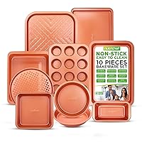 NutriChef 10-Piece Nonstick Oven Baking Pan Set - Premium Carbon Steel Bakeware w/Cookie Sheets, Loaf & Cupcake Pans, Perforated Crisper Pans, Round & Square Roasting Pans, Easy to Clean - Copper