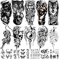 22 Sheets Black 3D Waterproof Temporary Tattoos Stickers Lasting Fake Tattoos Snake tiger wolf lion dragon scorpion spider cat dolphin butterfly for Kids Adults Men and Women