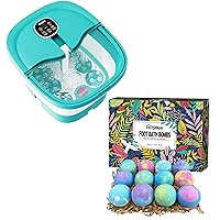 Collapsible Foot Spa Electric Rotary Massage, Foot Bath with Heat, Bubble, Remote, and 24 Motorized Shiatsu Massage Balls & 12 Essential Oil Rich Foot Bath Bombs Gift Set for Feet Stress Relief