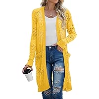 GRECERELLE Womens Lightweight Cardigan Casual Crochet Open Front Sweater Sun Protection Coverups with Pockets(Lemon Yellow, X-Large)