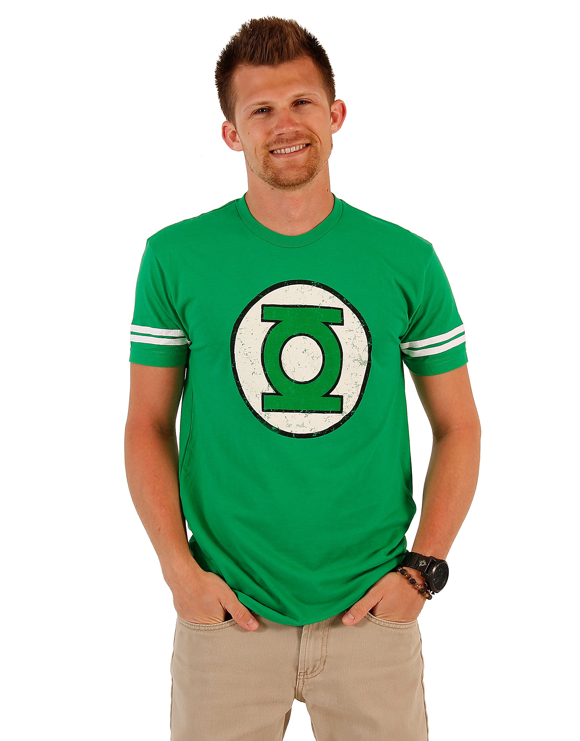 The Green Lantern DISTRESSED Logo With Striped Sleeves Kelly Green Adult T-shirt Tee