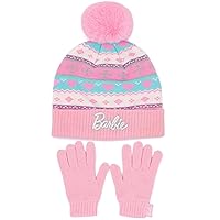 Barbie Hat and Gloves Kids Girls Pink Logo Knitted Pom Winter Beanie
