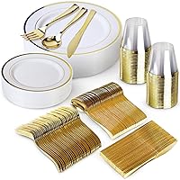 300 Piece Gold Dinnerware Set - 100 White and Gold Plates - Set of 150 Gold Plastic Silverware - 50 Plastic Cups - Disposable Gold Dinnerware Set for Party - 50 Guests