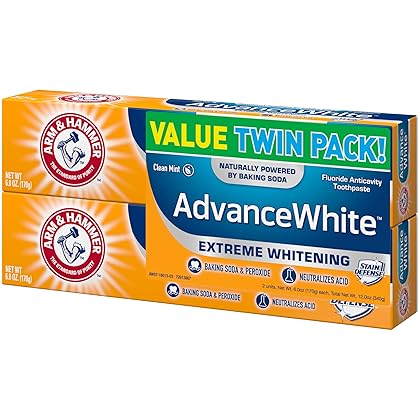 ARM & HAMMER Advanced White Extreme Whitening Toothpaste, TWIN PACK (Contains Two 6oz Tubes) -Clean Mint- Fluoride Toothpaste