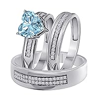 His and Hers Matching Wedding Band Ring Set 14K white Gold Plated Alloy 6 MM Heat Cut CZ Aquamarine Engagement Trio Bridal Set