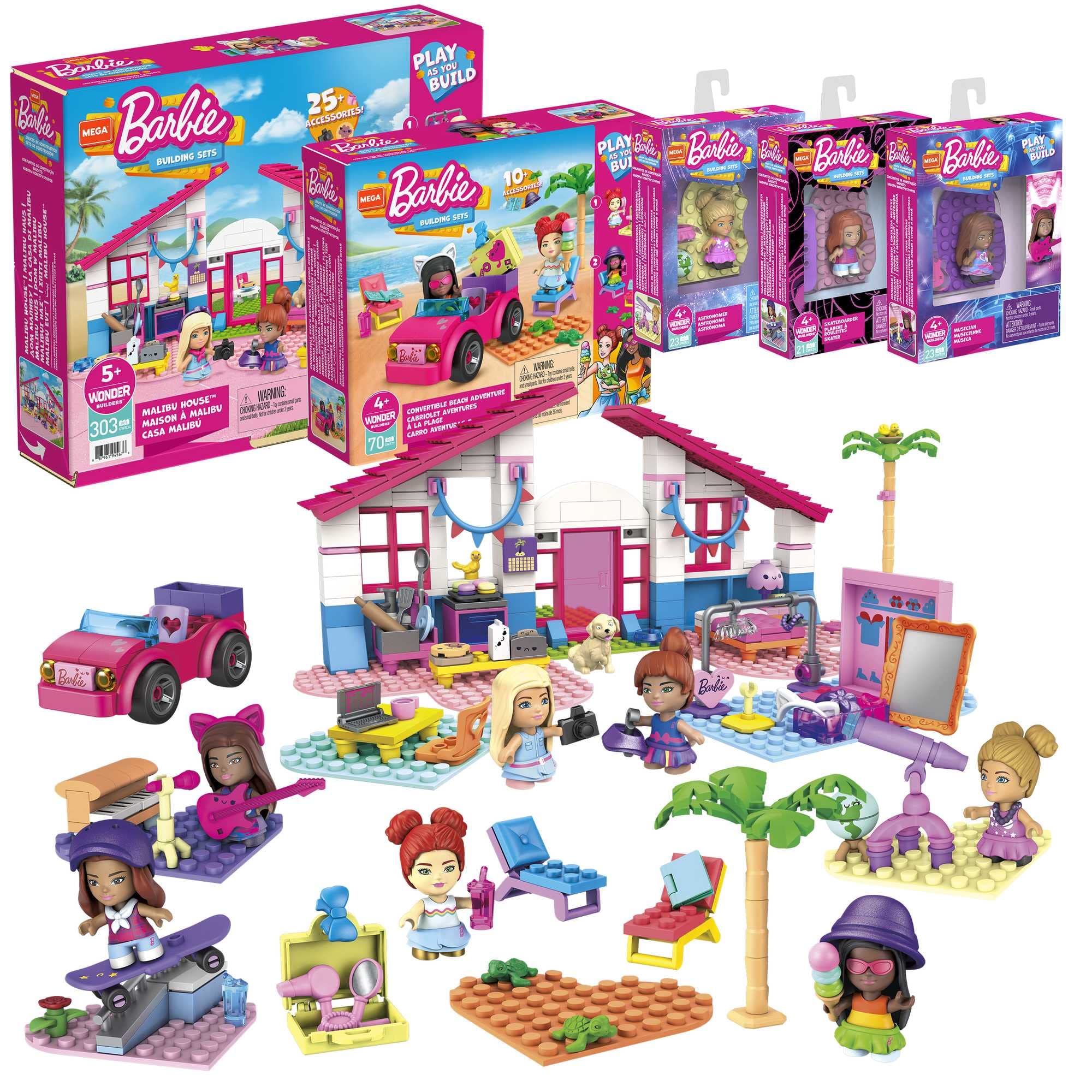 Mega Barbie Malibu Building Sets Bundle, 440 Bricks and Pieces with Fashion and Roleplay Accessories, 7 Micro-Dolls, 1 Puppy, 2 Birds and 2 Turtles, Toy Gift Set for Ages 4 and up