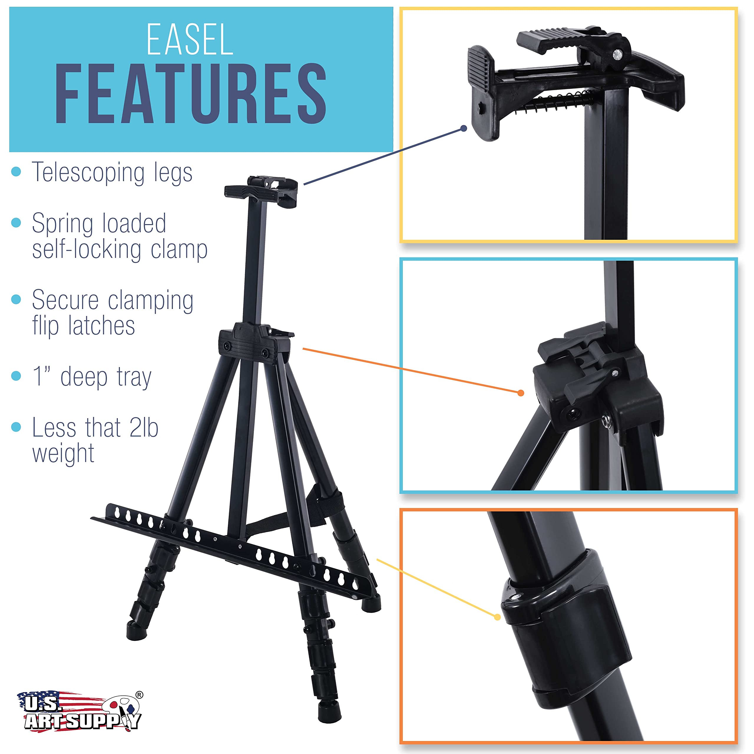 U.S. Art Supply - Pack of 10 - 66 Inch Sturdy Black Aluminum Tripod Artist Field and Display Easel Stand - Adjustable Height 20