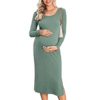 Ekouaer Maternity Dress Rib Knit Long Sleeve Side Slit Bodycon Dresses Pregnancy Baby Shower Clothes S-XXL