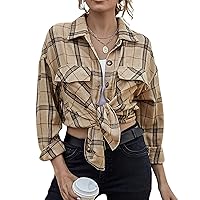 Womens Cashmere Plaid Shirts Button Down Boyfriend Shacket Jacket Long Sleeve Blouses Tops with Pockets