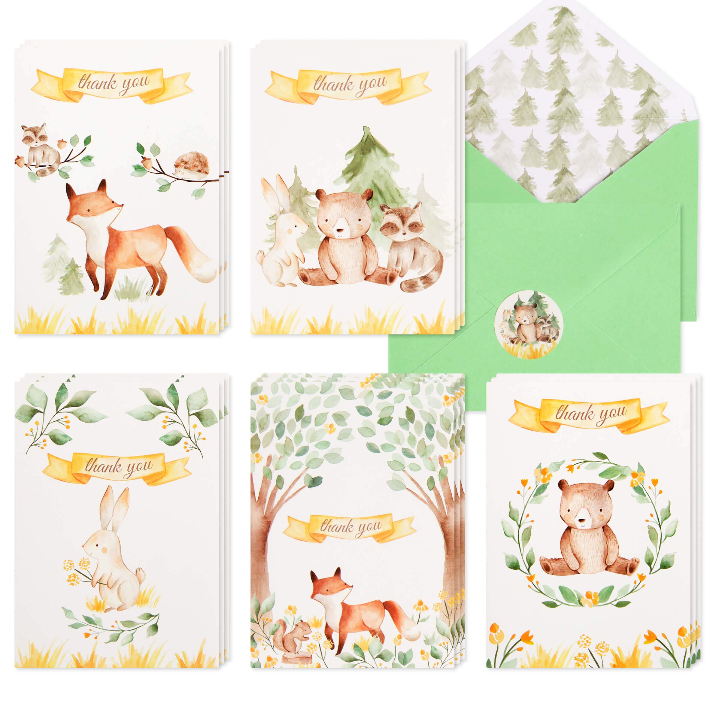 VNS Creations 30 Woodland Thank You Cards | Bulk Forest & Mountain Animals Thank You Notes with Matching Green Envelopes & Stickers | Small & Cute Notecards Perfect for Baby Shower and Kids Birthday.