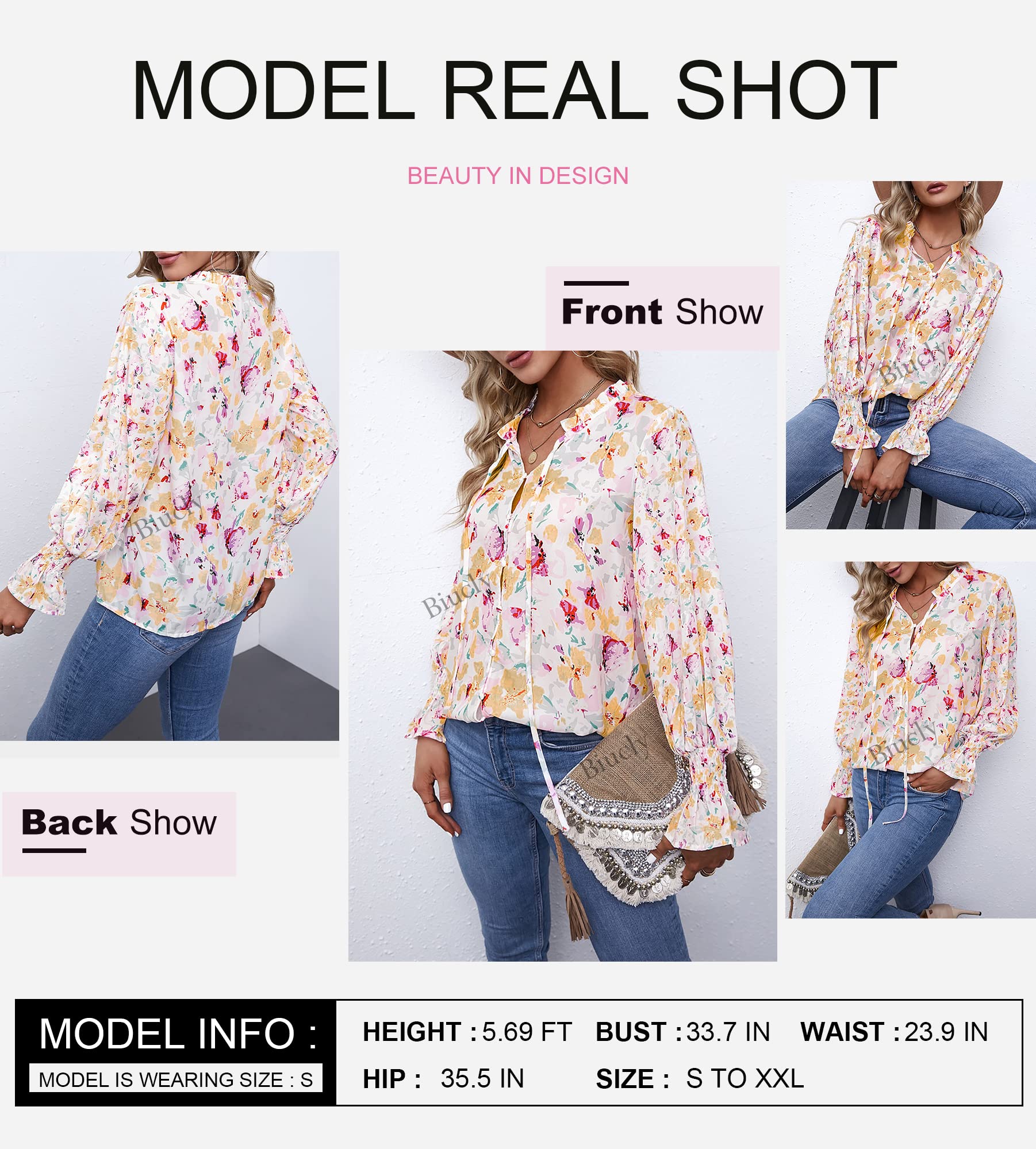 SHEWIN Women's Casual Boho Floral Print V Neck Long Sleeve Drawstring Tops Loose Blouses Button Down Shirts