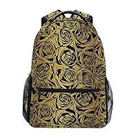 ALAZA Elegant Gold Rose Flower Floral Backpack Purse with Multiple Pockets Name Card Personalized Travel Laptop School Book Bag, Size M/16.9 inch