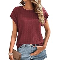 Dokotoo Tops for Women Trendy Summer Casual Cap Short Sleeve Basic Textured Solid Color Round Neck T Shirts Blouse