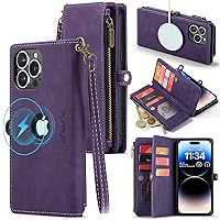 For Magsafe Case Wallet Logo View for iPhone 14 Pro Max with RFID Blocking Credit Card Holder,PU Leather Flip Lanyard Strap Wristlet Zipper Women Men for iPhone 14 Pro Max Phone case (Deep Purple)