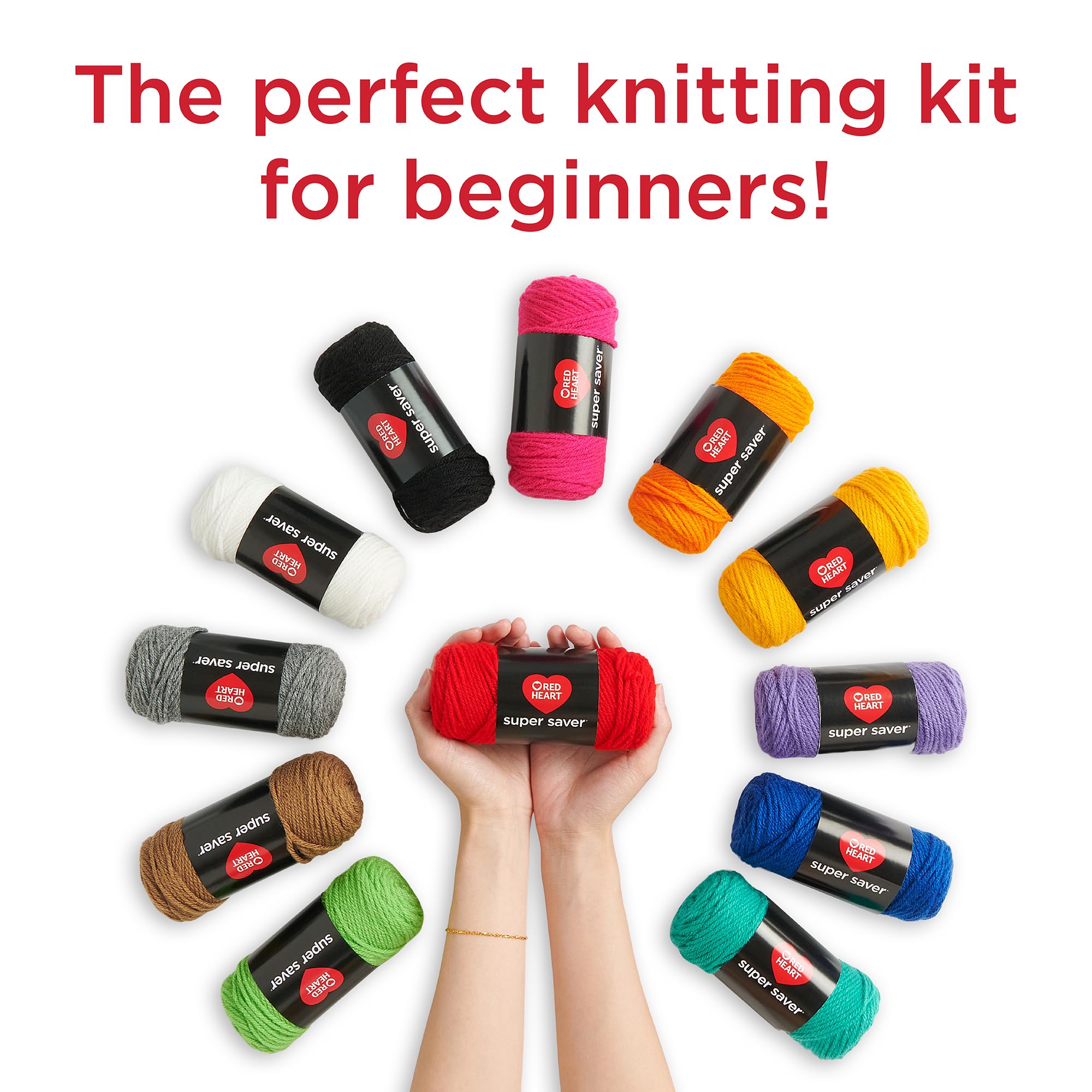 Red Heart Super Saver Soft Acrylic Yarn Beginners Knit Kit, with 12 Pack of 50g/1.7 oz. 4 Medium Worsted Yarn and Acceessories Knitting & Crocheting, for Chunky Sweaters, Blankets, Amigurumi