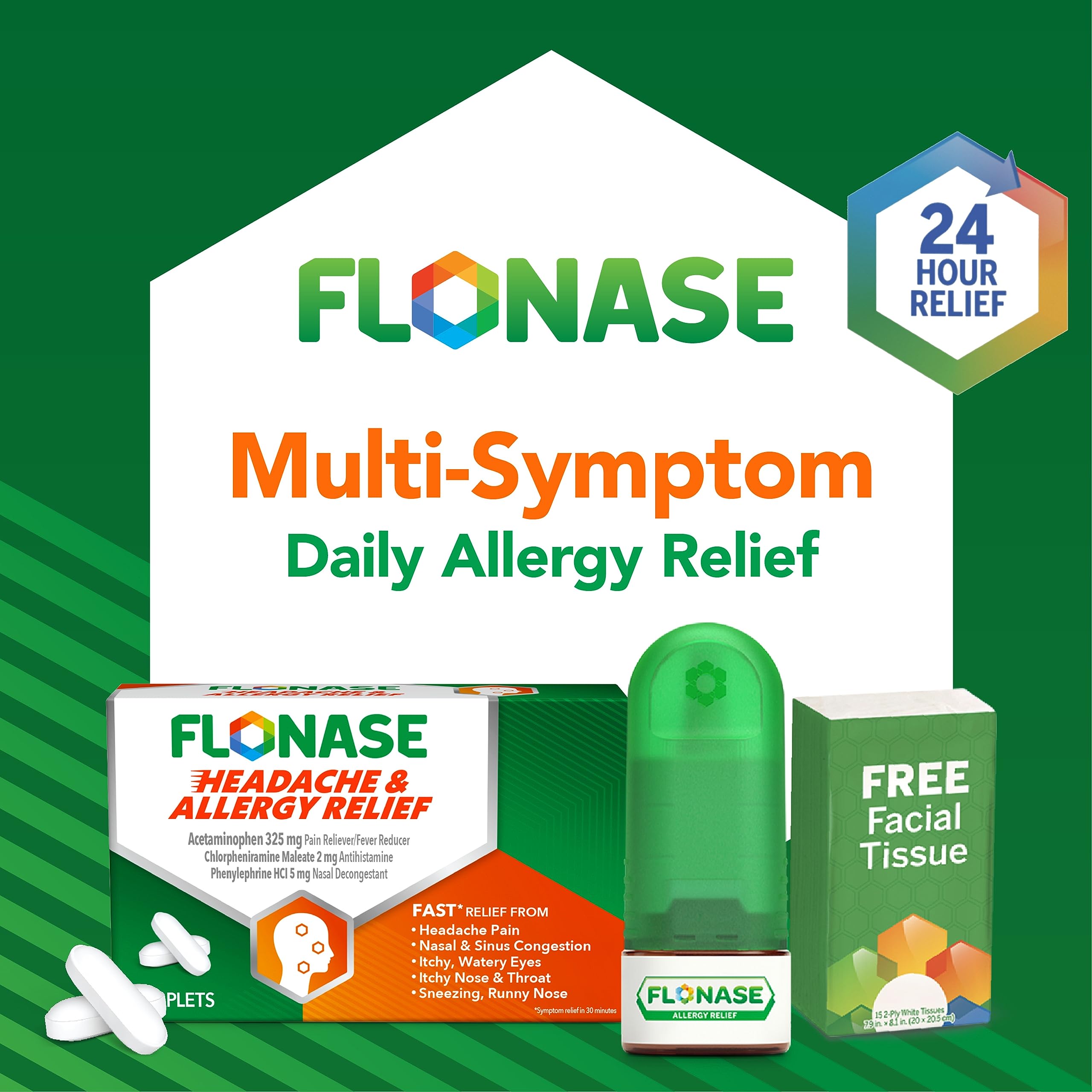 Flonase Headache and Allergy Relief Caplets with Acetaminophen 650 mg, Chlorpheniramine Maleate 4 mg and Phenylephrine HCl 10 mg Per 2 Caplet Dose - 96 Caplets