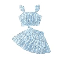 Girls 2 Piece Floral Print Sleeveless Ruffle Trim Shirred Cami Top and Paperbag Waist Skirt Sets