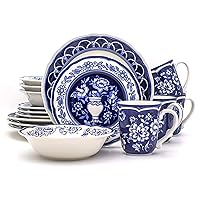 Blue Garden 16 Piece Oven Safe Hand Painted Stoneware Dinnerware Set, Service for 4, Bold Vase Design/Floral Pattern, White and blue
