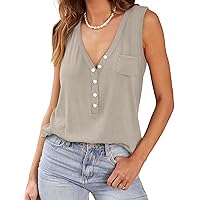 XIEERDUO Womens Summer Sexy Deep V Neck Tank Top Loose Fit Sleeveless Button Casual Henley Shirts