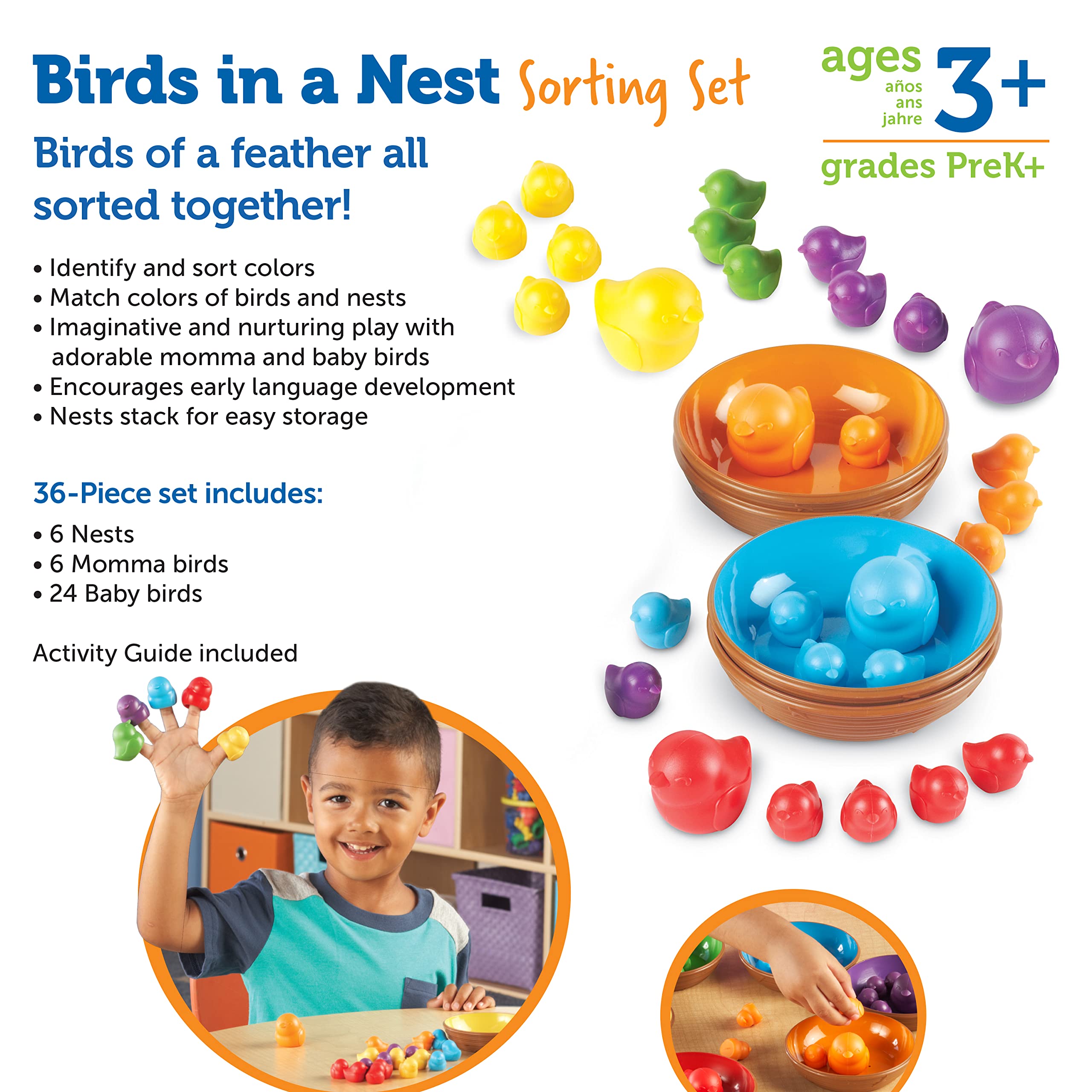 Learning Resources Birds in a Nest Sorting Set, Fine Motor Set, Color Sorting Set for Toddlers, 36 Pieces, Ages 3+